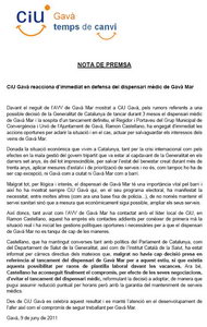 Nota de prensa de CiU-Gav explicando las gestiones realizadas por Ramon Castellano para evitar el cierre del dispensario mdico de Gav Mar (9 Junio 2011)